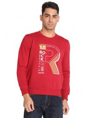 Men Cotton Blend R Print Sweatshirt Red